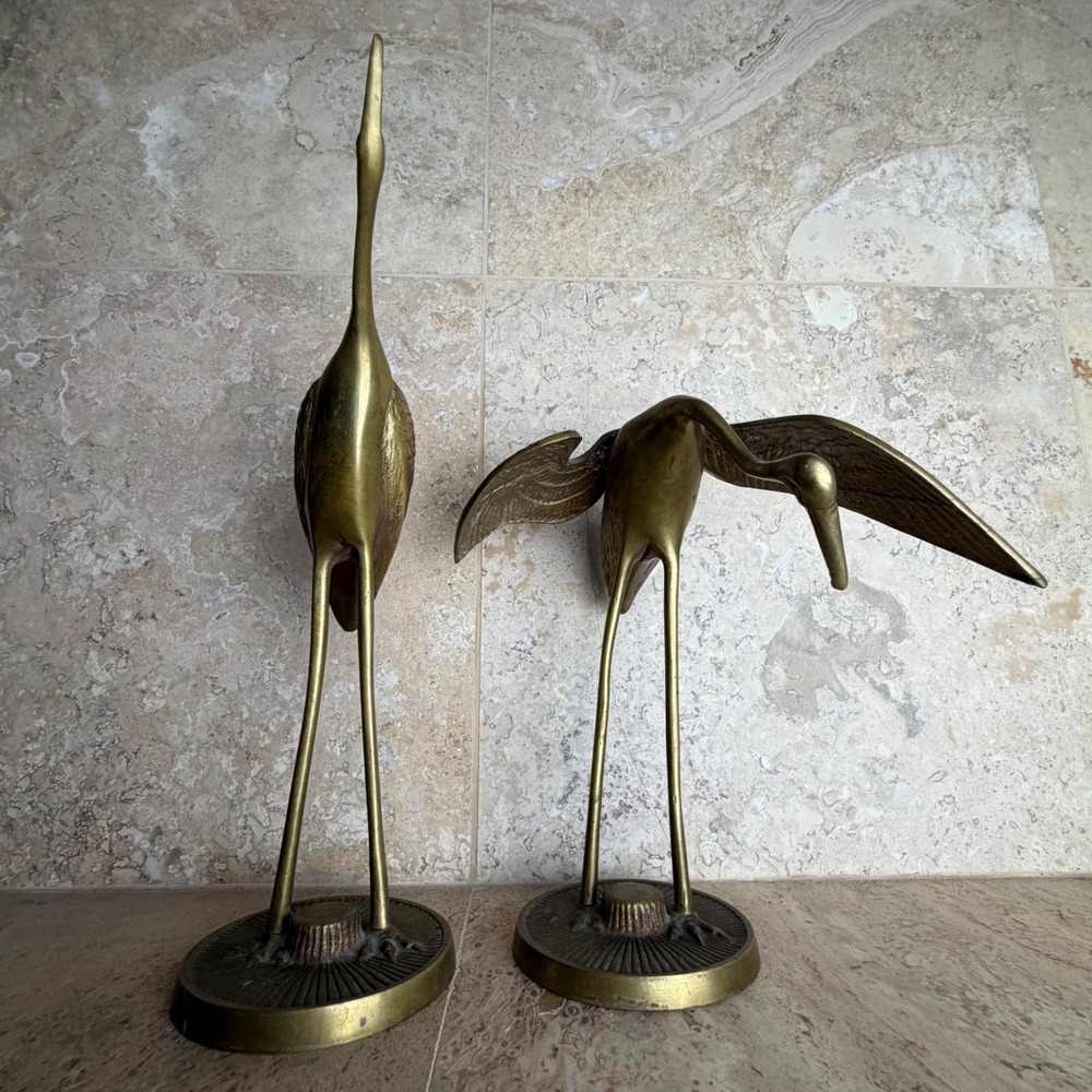 Leonard Vintage Solid Brass Crane Heron Statue Set Hollywood Regency MCM 1970s